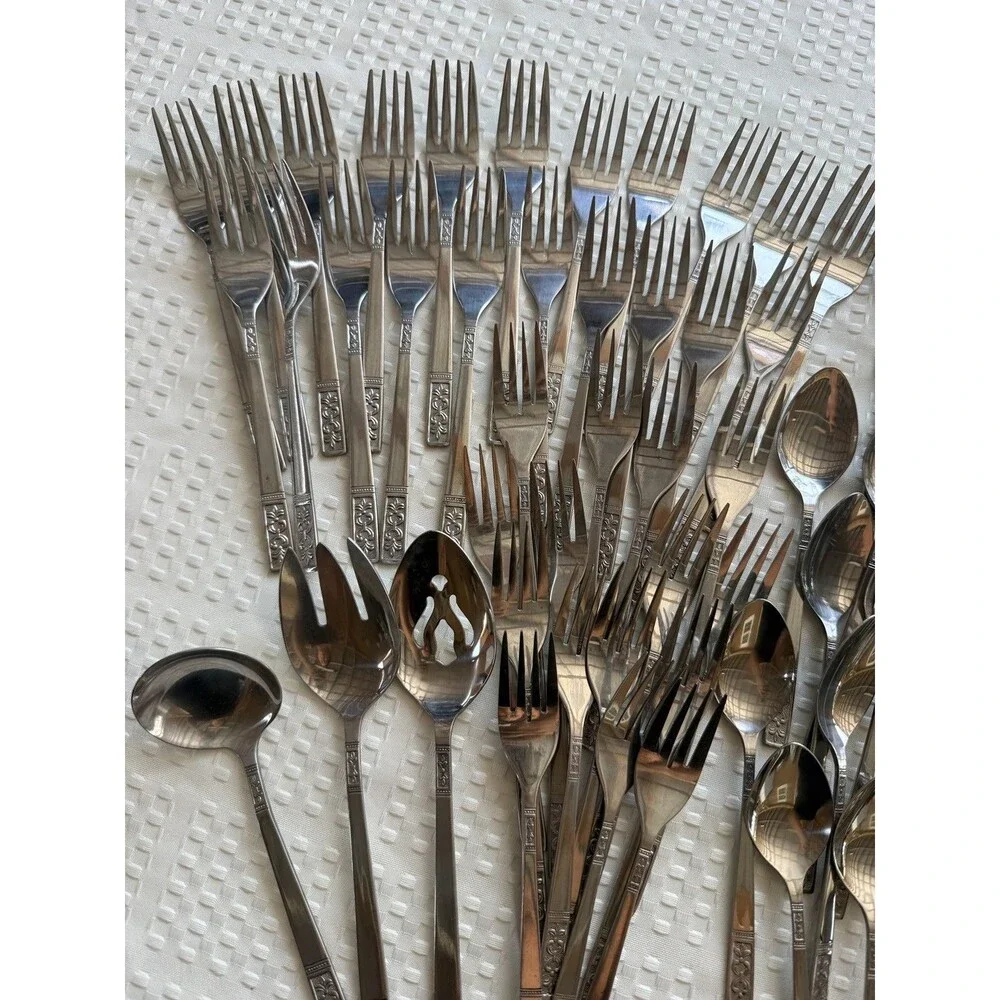 104 Pc Customcraft Taiwan Stainless Flatware Silverware Lot MCM Floral Scroll